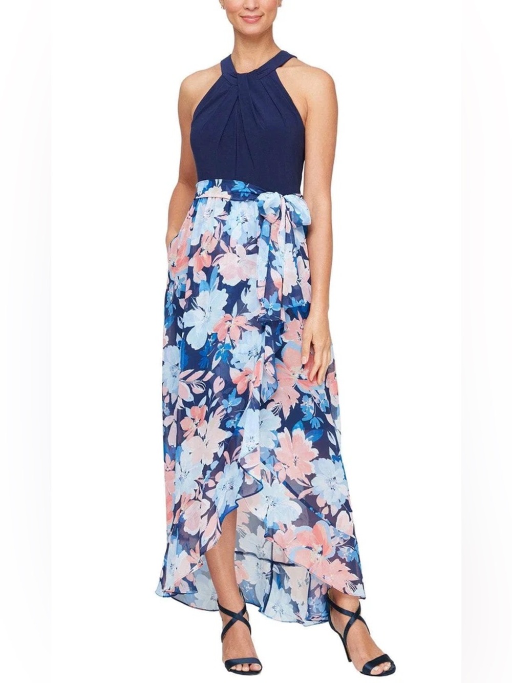 SLNY Size 16 NWT Navy Pink Floral High Low Maxi Dress GALA MOB Garden Formal